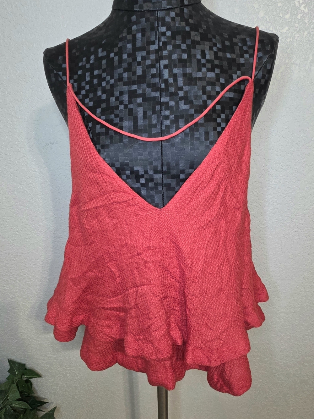 Free People Coral Red Ruffle Knit Camisole